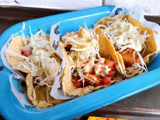 L-R: octopus ($7), shrimp ($6), fish ($6) tacos