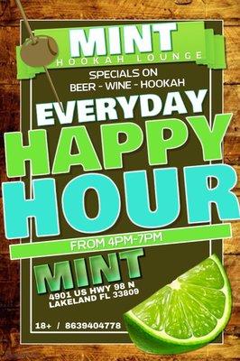 Happy Hour Everyday From 4PM to 7PM On All Hookahs, Beer & Wine!!!!