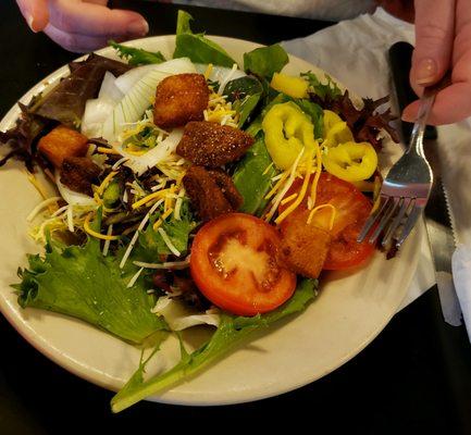 Large delicious side salad with a ton of fixings ( unexpected for a dive bar)