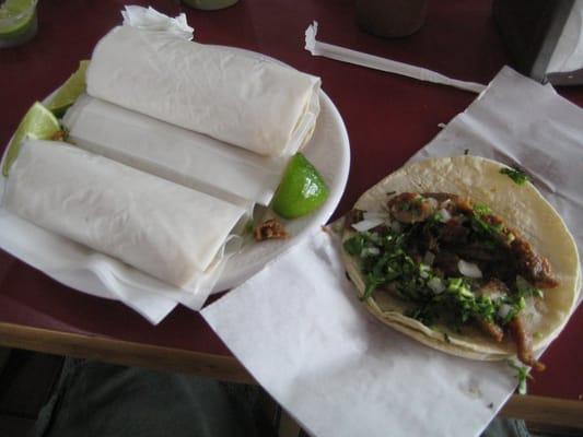 stack of tacos (left) and tripa taco (right)