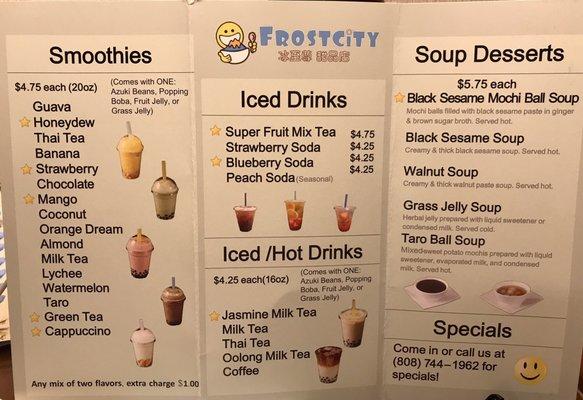 Menu: smoothies, drinks, soup desserts