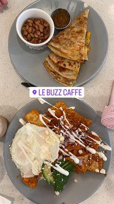 Chicken chilaquillas and breakfast quesadilla