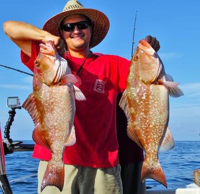 double grouper showing off the catch during our 5 hour private charter at Hubbard's Marina http://HubbardsMarina.com