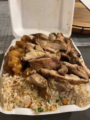 3 item double orange chicken and teriyaki with fried rice