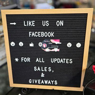 Like and follow us on Facebook for sales, and giveaways. You will find updated information on here as well including special hours.