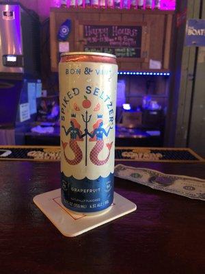 Spiked seltzer is $3.25 during happy hour. Otherwise $4.25. Happy hour 9:30-11:30am and 4-8pm.