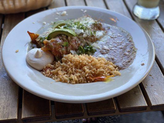 Enchiladas Indegenas: 1 potato/1 shredded beef enchilada - delicious! I'm super wimpy, so it was a bit Spicy for me - saved w/sour cream