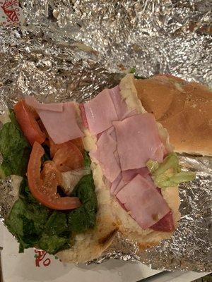 A very poorly made Italian sub sandwich.  What were they doing with ham all cut in cubes. I guess this is from there pizzia toppings