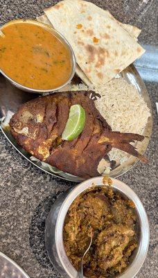 Pomfret fry thali and Chicken Sukha Masala