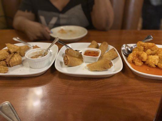 Fried tofu, spring rolls,  vegan cauliflower