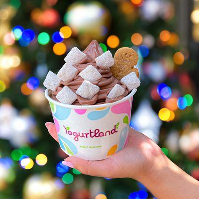 Seasonal Peppermint Fudge Brownie frozen yogurt! Rich, fudgy brownie meets refreshing peppermint for a winter wonderland in every bite.