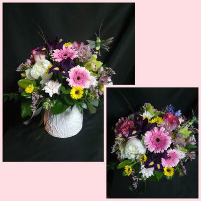 White peonies and orchids with other spring mix.