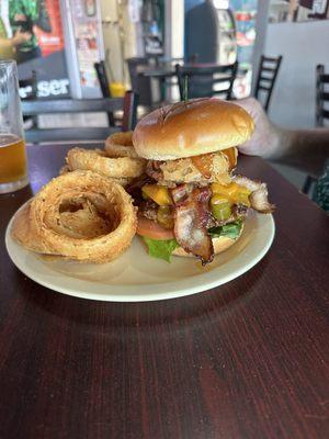 Southwest burger special with awesome onion rings