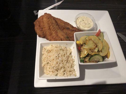 Fried Flounder, Vegetables, Rice