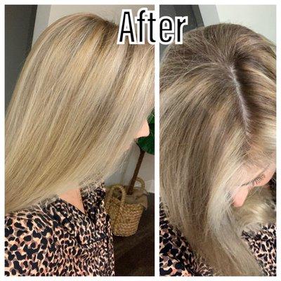 After -- cooler blonde, no brassiness or streaks, + Olaplex treatment to protect hair from being fried.