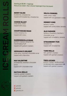 Rolled Ice Cream Menu