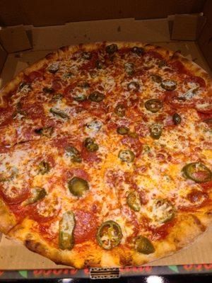 Extra pepperoni and jalapenos!  Delicious!