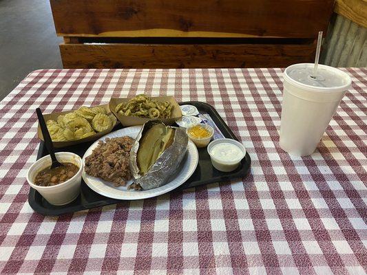 Baked potato w/meat, fried pickles & fried jalapeños