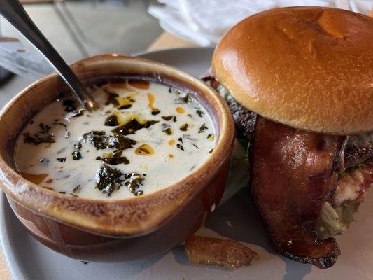 The Bacon Bacon Burger w/ Cup Creamy Sausage and Kale soup!