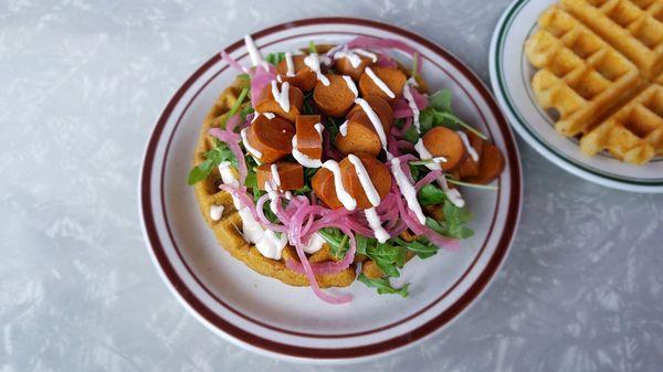 Sweet potato waffle with vegan sausage (center) + cornbread waffle (top right corner).