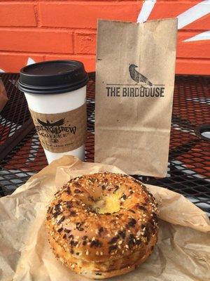 Chai latte & a Breakfast Sandwich (Everything Bagel w/ sausage)!