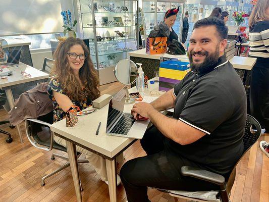 Blake, one of our VIP patients, always looking FABULOUS in any frame she puts on, and awesome John, optician, styling her up ! So great !