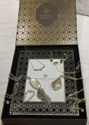 My gorgeous Kendra Scott bridal gifts from my generous team: An exquisite frame, beautiful jewelry & a gift card used for more jewelry