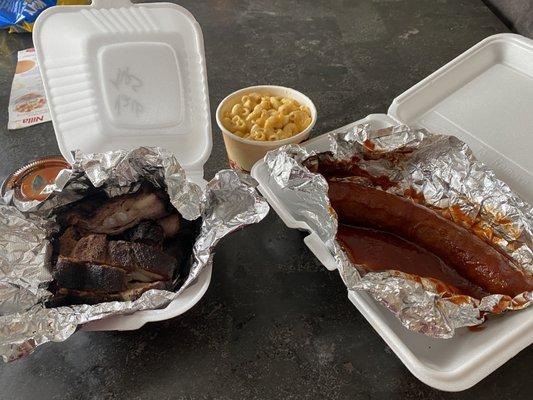 1/2lb  rib tip, Mac and cheese and hot link with mild sauce