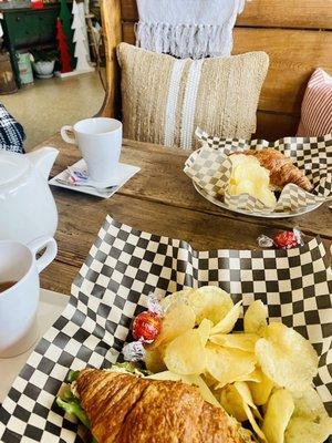 Lunch and tea, chicken almond dill sandwich.