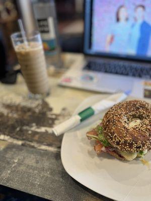 Bagel sandwich and latte