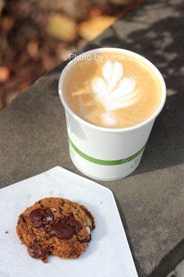 Cafe Miel ($5) and Almond Butter Chocolate Chip Cookie from Ellen's Fine Goods ($2)