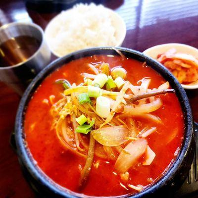 Spicy beef brisket soup. Maybe a bit more beef, less on the onions.