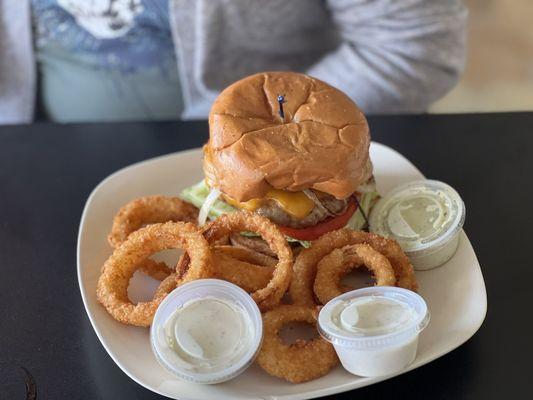 Turkey burger and onion rings