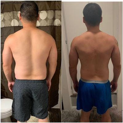 3 Month progress from my One on One client. -30lbs and lean muscle built.