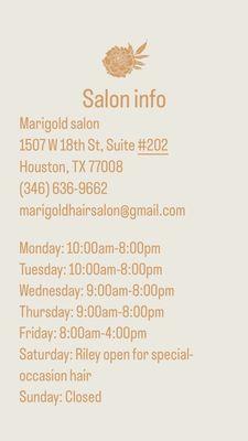 Salon location and hours info