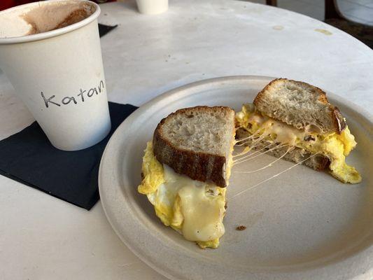 Egg sandwich and chai latte