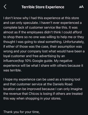 Email sent to Chicos customer service