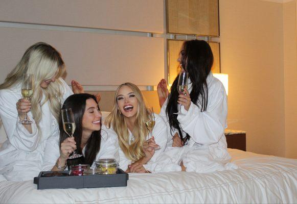 This is your sign to have a slumber party at Hotel Clio! We donned luxuriously soft Hotel Clio robes, enjoyed champagne and snacks.