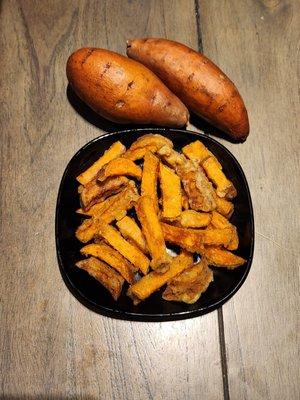 Handcut fried sweet potato fries in plum flavor.