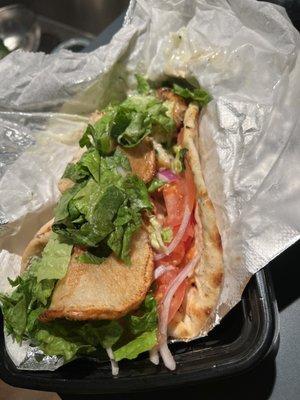 Shrimp Souvlaki Sandwich, potatoes, lettuce tomato onions and great sauce to complement delicious and healthy!