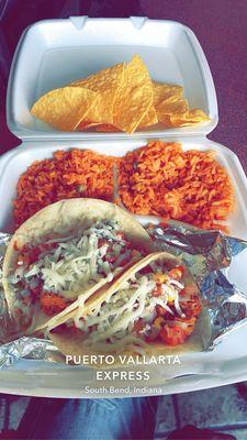 Chicken tacos rice & chips & salsa