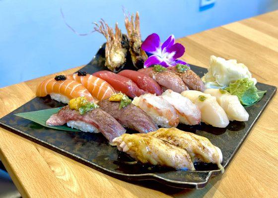 Salmon, tuna, toro, wagyu, sweet shrimp, scallop, seared fatty salmon