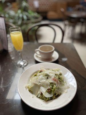 Linguini in Pesto, Coffee, Mimosa