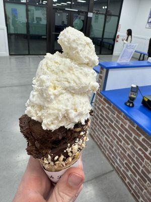 Coconut Cream Pie and Midnight Madness Ice Cream in a waffle cone.