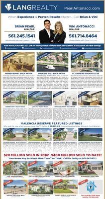 The Pearl Antonacci Group advertises in full page newspaper ads in the Sun-Sentinel, Palm Beach Post, and Coastal Star.