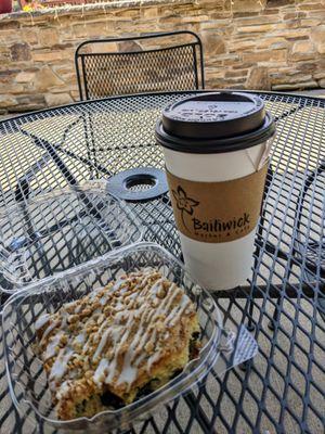 Blueberry coffeecake and tea latte