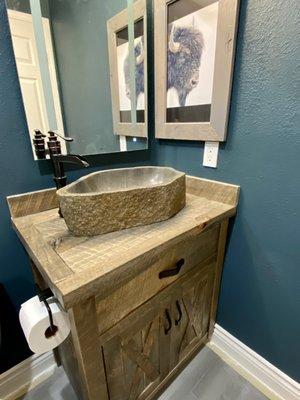 Sawmill barn door vanity with top (weathered gray) and stone sink/faucet package.