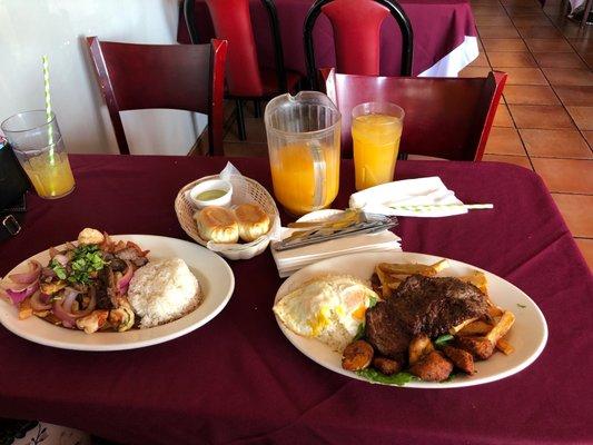 Saltado de lomo y camaron y Bistec a lo pobre