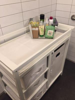 Changing table stocked with goodies for mommy ... Or mommy-aged bathroom goers :) Hand lotion, facial toilettes, etc.