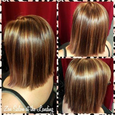 Paula ~ Mocha regrowth touch up with Cherry cola Lo-lites and Blonde Hi-lites. Slight A-line Long bob. www.zensalonatthelanding.com